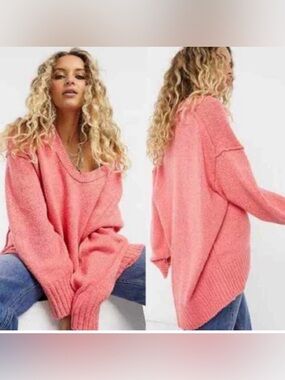 Free People Brookside Sweater Coral Pink V-Neck Knit Sweater